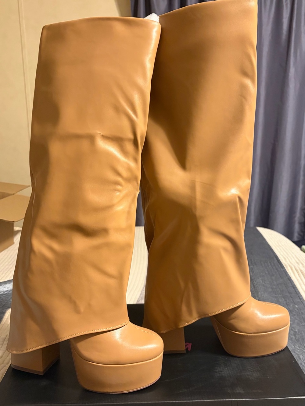 Liliana Tall Platform Knee-High Boots in Camel Tan